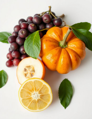 Autumn still life with pumpkins, berries and leaves on white backgroundの写真素材