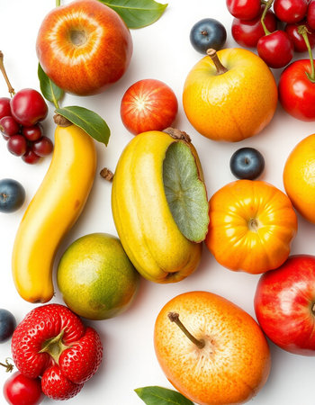 Fruits isolated on the white background. Top view. Flat lay.の写真素材