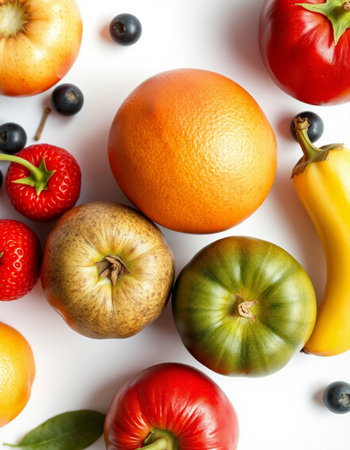 Fruits and vegetables on a white background. Flat lay, top view