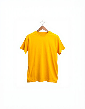 Yellow t-shirt on hanger isolated on white background with clipping pathの写真素材