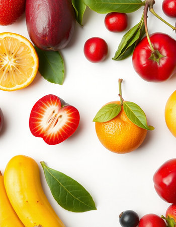 Flat lay composition with fresh fruits on white background, top viewの写真素材