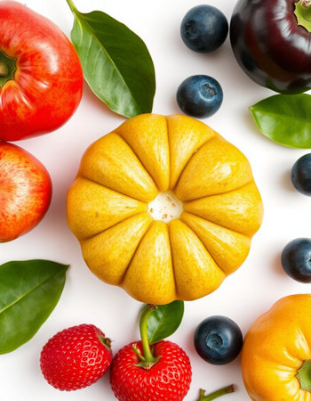 Composition with fresh fruits and vegetables on white background, top viewの写真素材