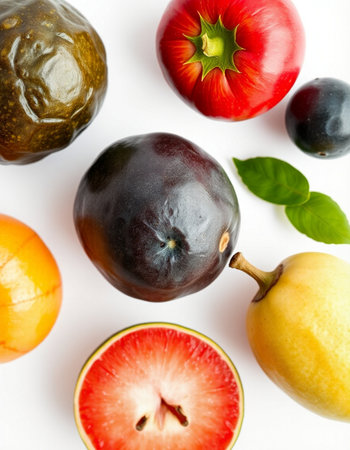 Mix of fresh fruits on white background, flat lay, top view