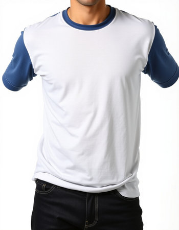 Men's blank white t-shirt on a man isolated on white backgroundの写真素材