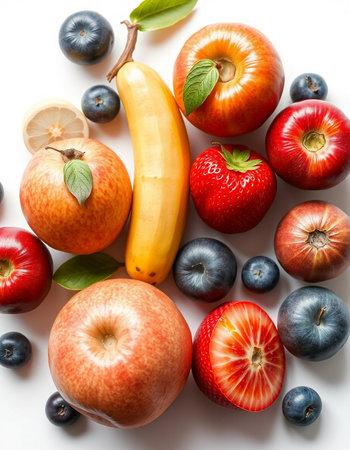 Fresh fruits on white background. Healthy food concept. Top view.の写真素材