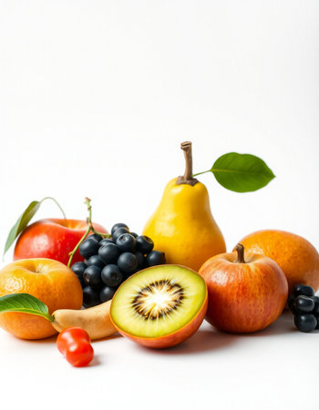 Fresh fruits and vegetables isolated on white background. Healthy food concept.の写真素材