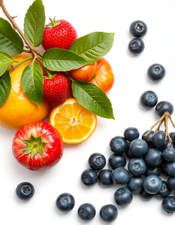 Fresh fruits and berries on white background. Healthy food. Top view.