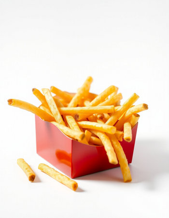 French fries in a red box on a white background, fast food