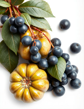 Autumn still life with pumpkins and blueberries isolated on whiteの写真素材