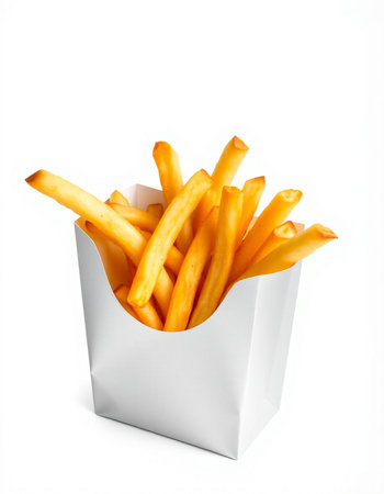 French fries in paper box isolated on white background, clipping path included