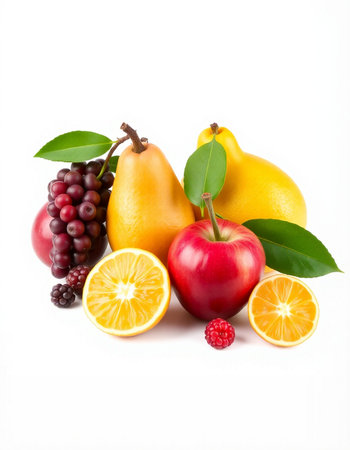 Fruits isolated on white background. Orange, apple, grapefruit, pears, cranberries