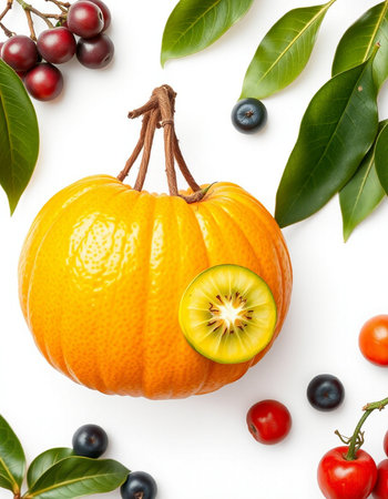 Autumn composition with pumpkin, berries and leaves on white background, top viewの写真素材