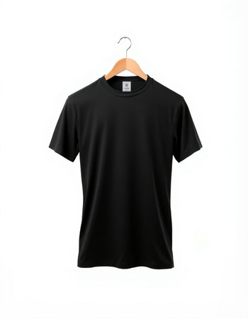 Black t-shirt on a hanger isolated on white background.の写真素材