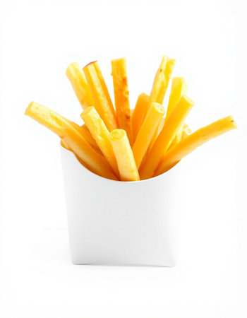 French fries in a white cup on a white background. Isolated