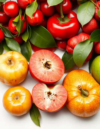 Fruits and vegetables on a white background. Close-up.の写真素材