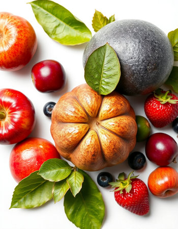 Autumn still life with fruits and berries on a white background.の写真素材