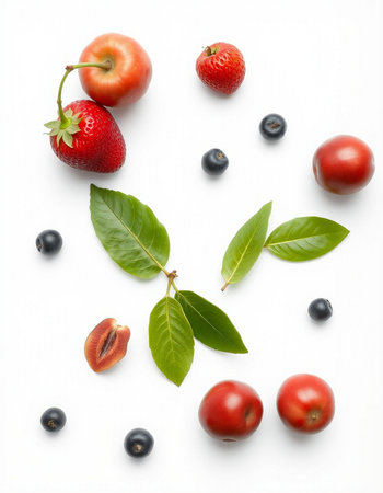 Composition with fresh berries and leaves on white background, top view