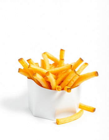 French fries in a white box on a white background. Isolated
