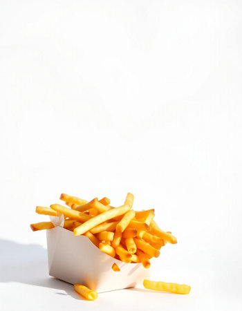 Golden French fries in a white paper box on a white background.の写真素材