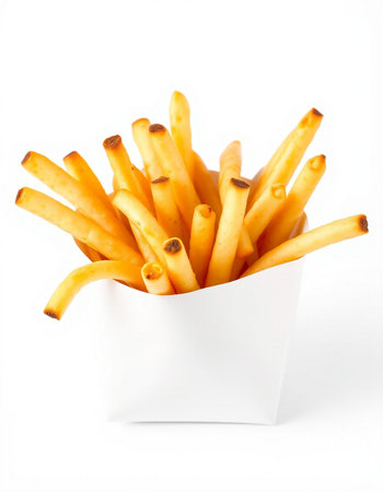 French fries in a paper box on a white background. Isolated