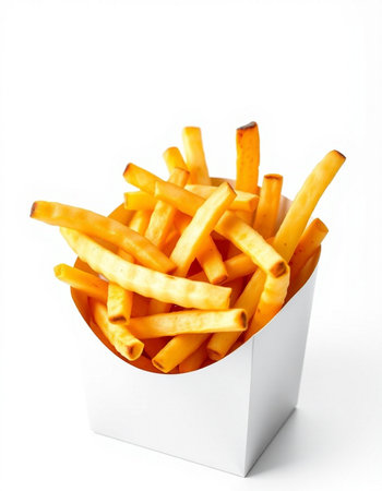 French fries in paper box isolated on white background. Close up.