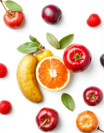 Fruits and berries on white background. Flat lay, top viewの写真素材
