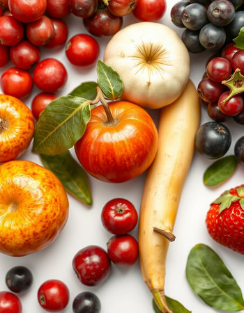 Composition with fresh fruits and vegetables on white background, top viewの写真素材