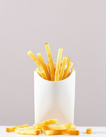 French fries in a paper cup on a gray background. Selective focus.