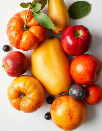 Mixed fruits on white background. Top view. Flat lay.の写真素材
