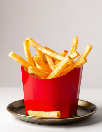 French fries in a red box on a white background. Selective focus.