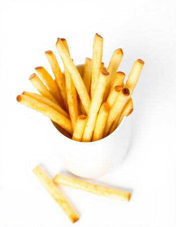 French fries in a white cup on a white background. Selective focus.