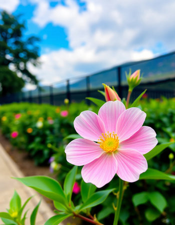 Pink flower in the garden with blue sky and white cloud background.の写真素材