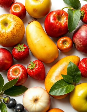 Fruits and vegetables isolated on white background. Flat lay, top viewの写真素材