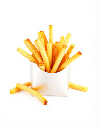 French fries in a white box isolated on white background. Selective focus.