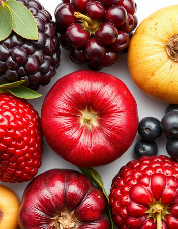 Composition with different fruits and berries on white background, top view