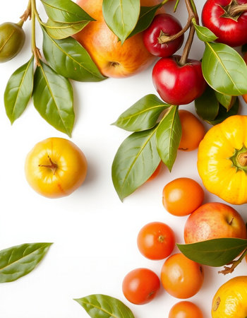 Variety of fresh fruits and vegetables on white background, top viewの写真素材