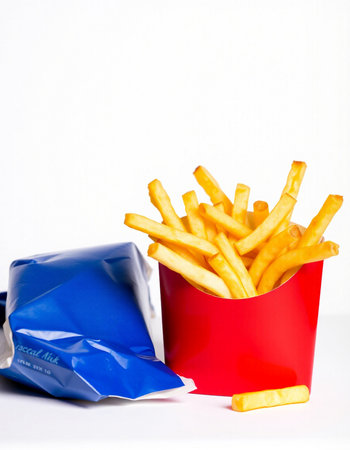 French fries in a red box and a blue package on a white backgroundの写真素材