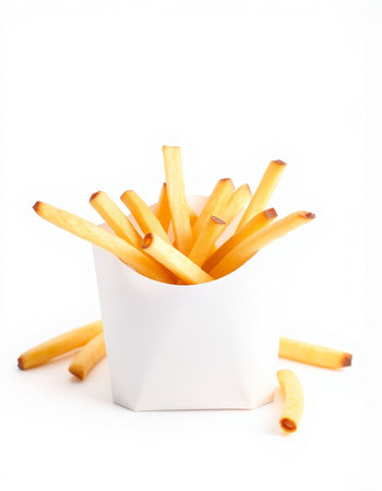 French fries in a white box on a white background. Selective focus.
