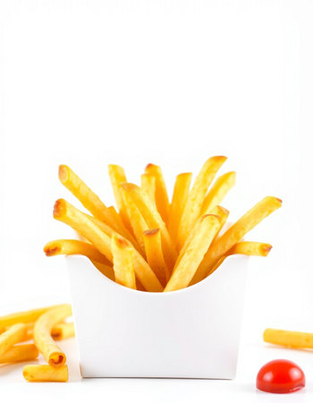 French fries in a white bowl on a white background, selective focus