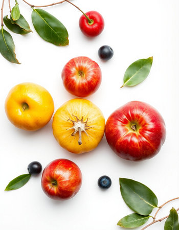 Fruits and leaves on white background. Flat lay, top viewの写真素材
