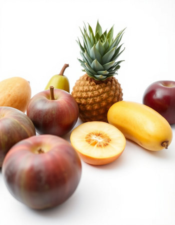 Fruits isolated on white background. Pineapple, plum, melonの写真素材