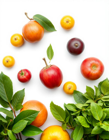 Apples, plums and apricots on a white backgroundの写真素材