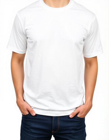 White blank t-shirt template on man's body isolated on white backgroundの写真素材