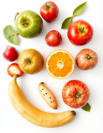 Fruits and vegetables on a white background. Healthy food concept.