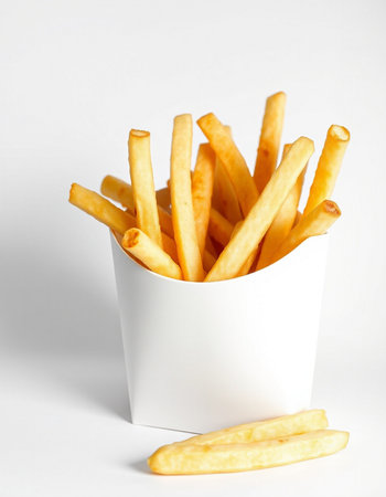 French fries in a white paper cup on a white background, close-up