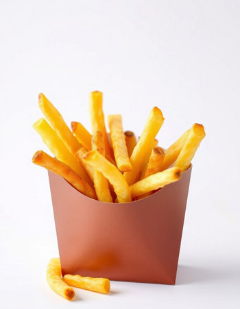 French fries in a paper box on a white background. Selective focus.