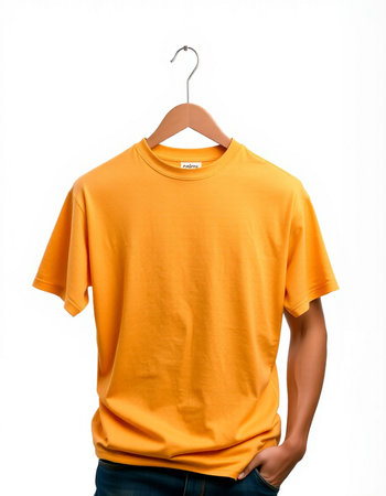 Orange t-shirt on a mannequin isolated on white backgroundの写真素材