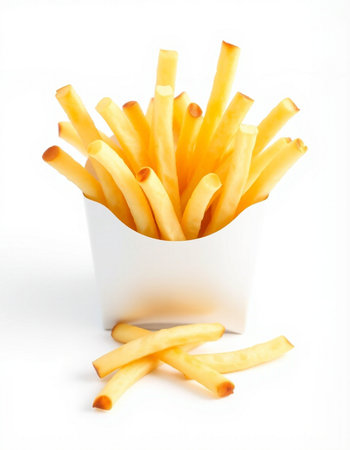 French fries in a white box on a white background. Isolated
