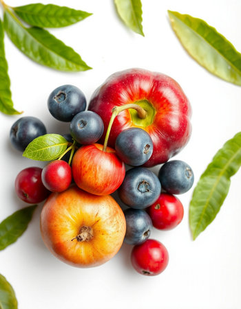 Fruits and berries on a white background. Healthy food concept.