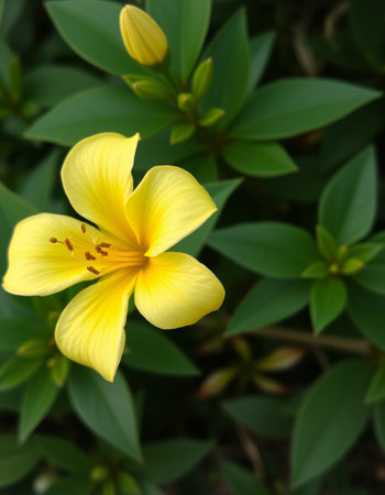 Yellow flower with green leaf background. (Scientific name: Allamanda grandiflora)